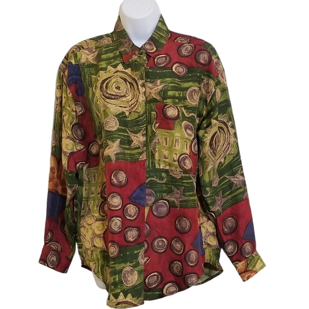 Vintage S.L. Boutique Blouse Womens M 100% Silk Green Print Long Sleeve Button